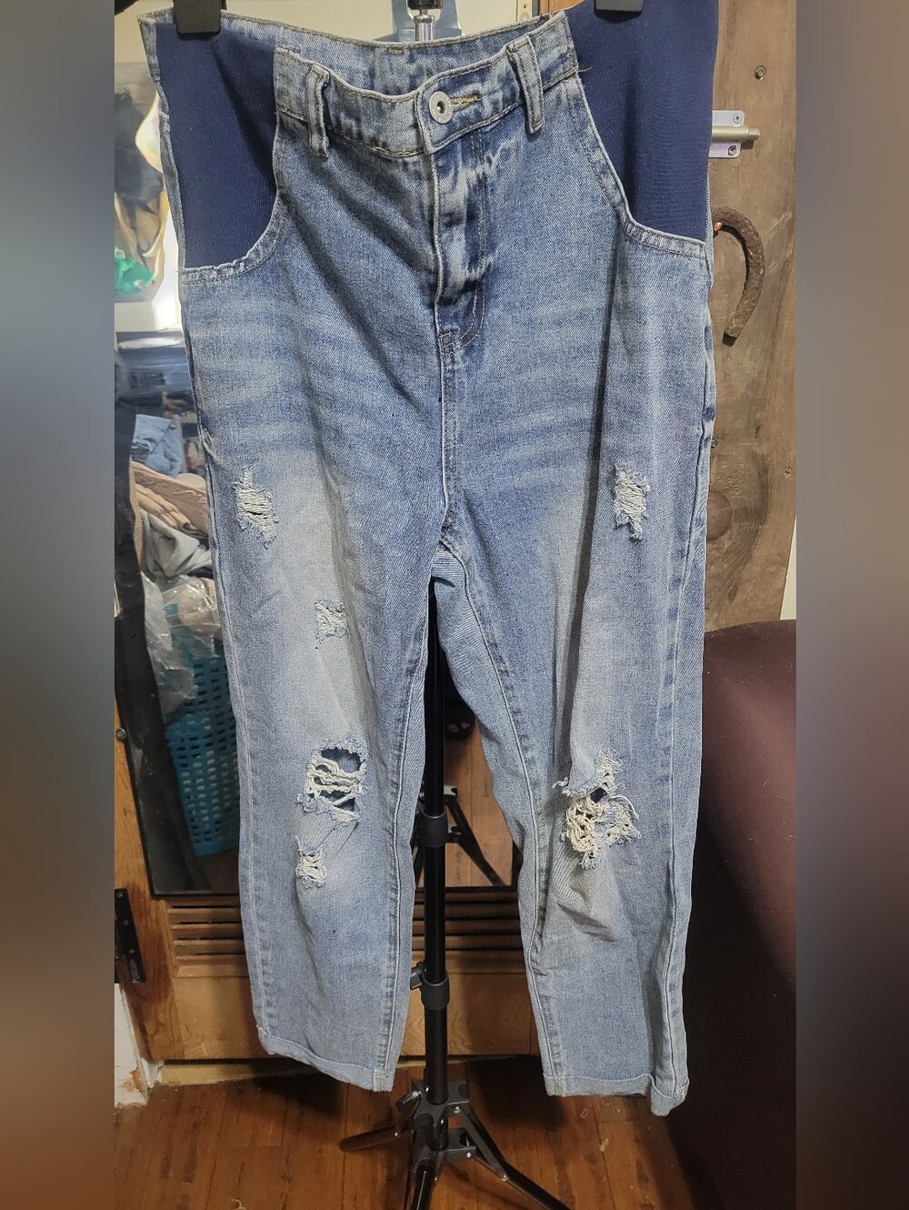 Distressed Light Blue Women's Maternity Jeans with Side Panels